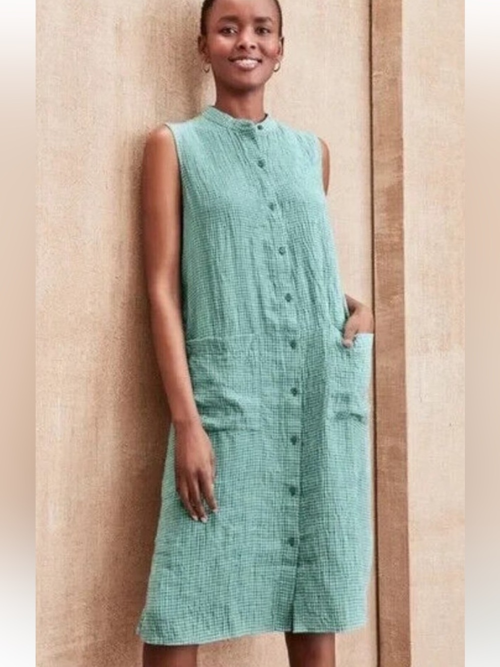 Eileen Fisher AMAL Organic Linen Sleeveless Mandarin Collar Tunic Dress / SM